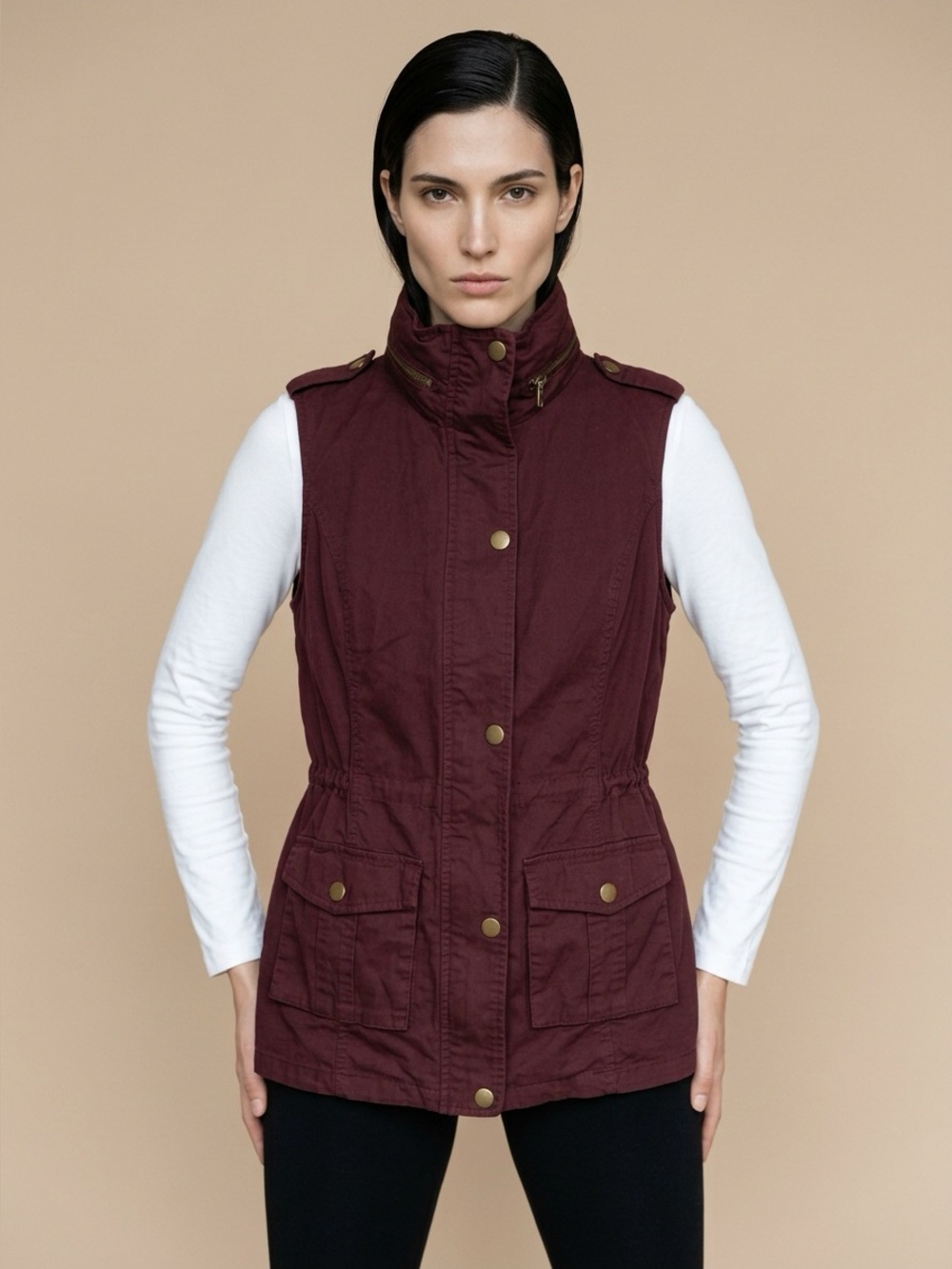 MARKET & SPRUCE Maroon Sleeveless Convertible Hood Utility Vest Sz XS